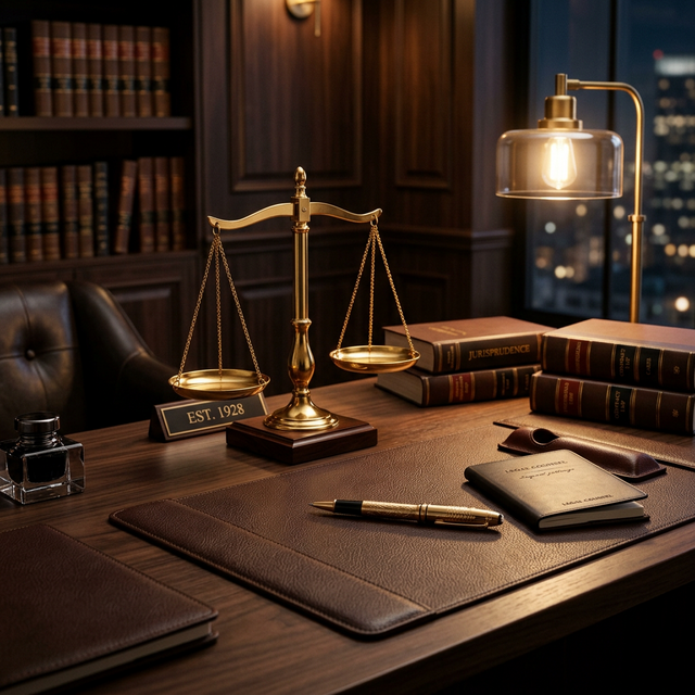 Escritorio con balanza y libros de derecho — símbolo de la tradición y rigor de Charvel Insurance